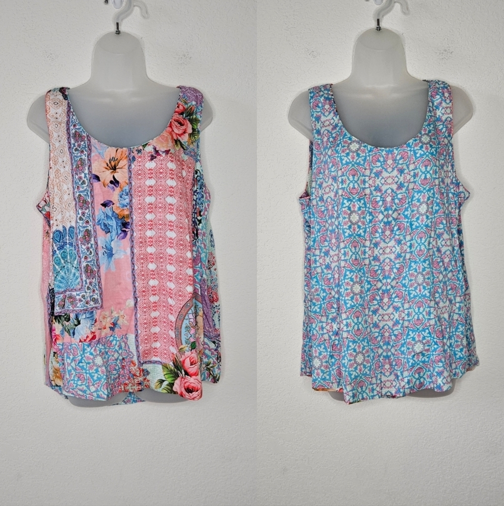 Tolani Feathers Reversible Boho Patchwork Floral & Tile Print Tank Top Blouse